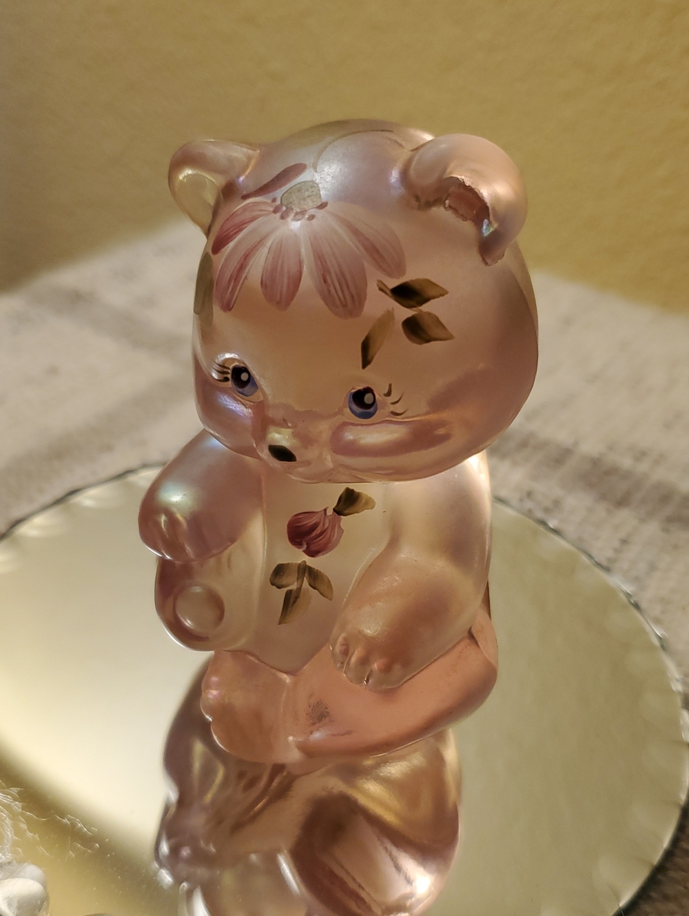 FentonPink Floral Pearlescent Bear Figurine